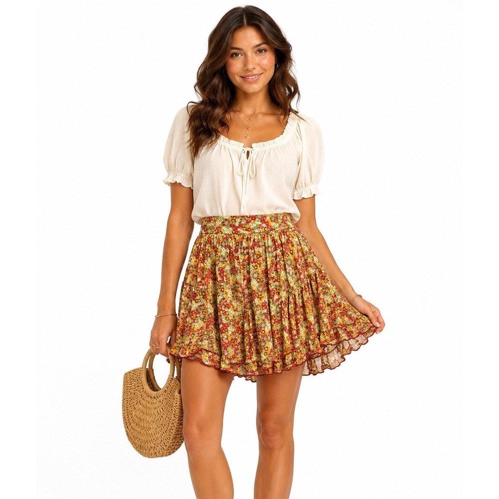 Poupette St Barth‎ Floral Tiered Boho Ruffle Hem Cottagecore Mini Skirt Sz M NWT